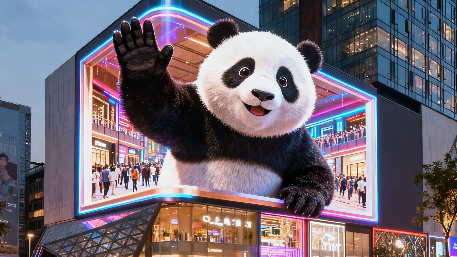 成都春熙路太古里商圈建筑外墙上的OG视讯裸眼3D大屏，一只大熊猫从屏幕中探出半个身子向路人挥手的3D动画画面，背景是繁华的商业街和密集的人流