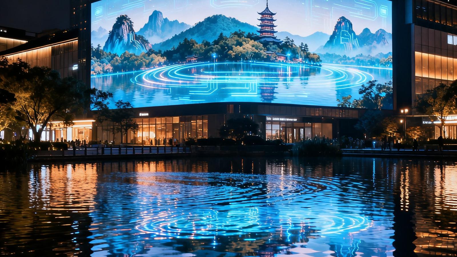 杭州西湖边湖滨银泰in77建筑上的860平方米裸眼3D大屏在夜晚播放西湖山水与科技感结合的3D画面，屏幕倒映在西湖水面形成双重景观
