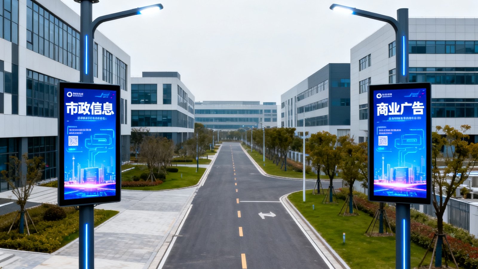 上海浦东新区张江高科技园区道路两侧安装的OG视讯智慧灯杆屏，灯杆顶部集成5G微基站，中部嵌入双面LED显示屏正在轮播市政信息和商业广告