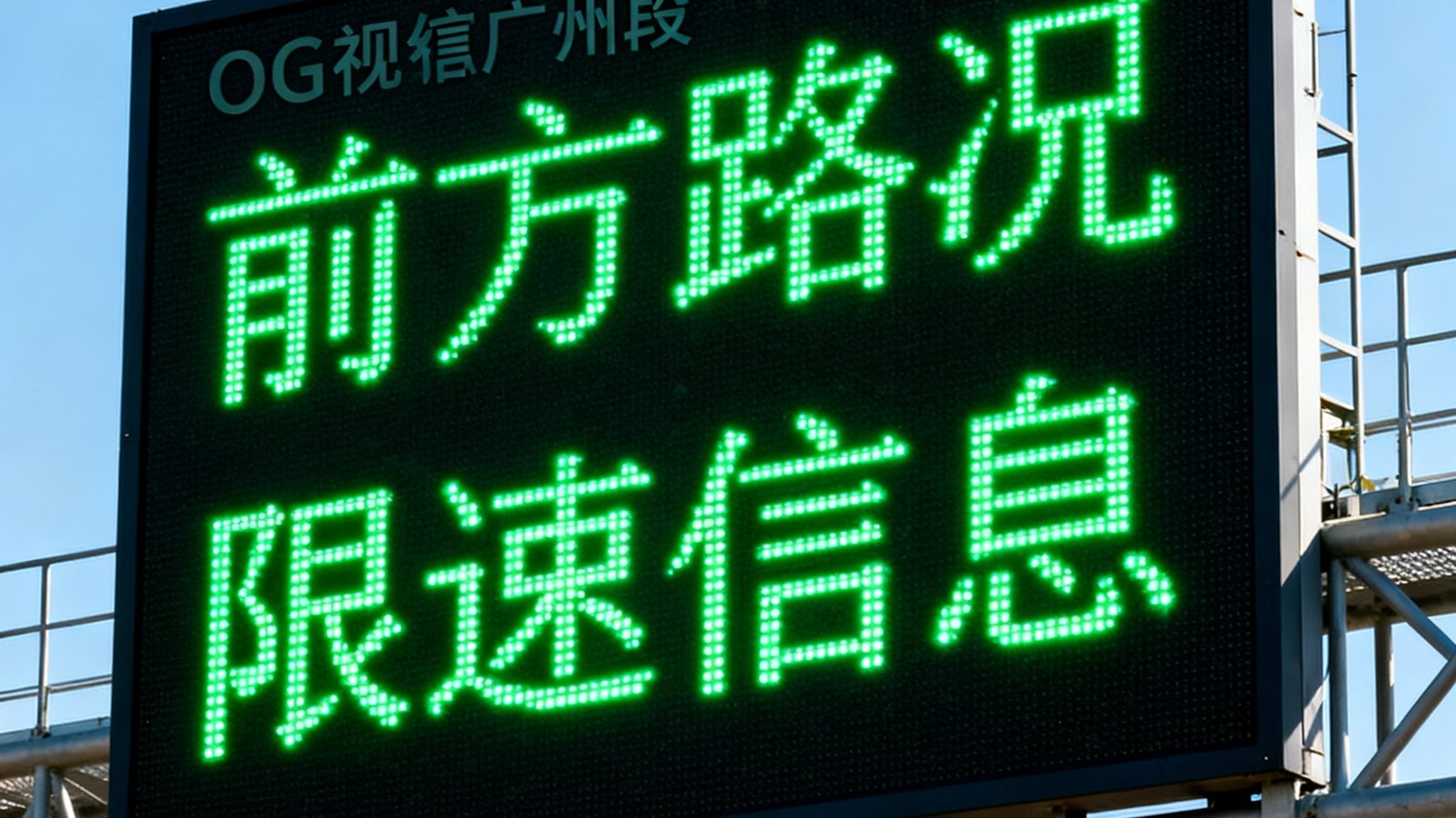 京港澳高速广州段龙门架上安装的OG视讯交通诱导屏，绿色LED文字清晰显示前方路况和限速信息，屏幕在强烈阳光下依然高亮可读