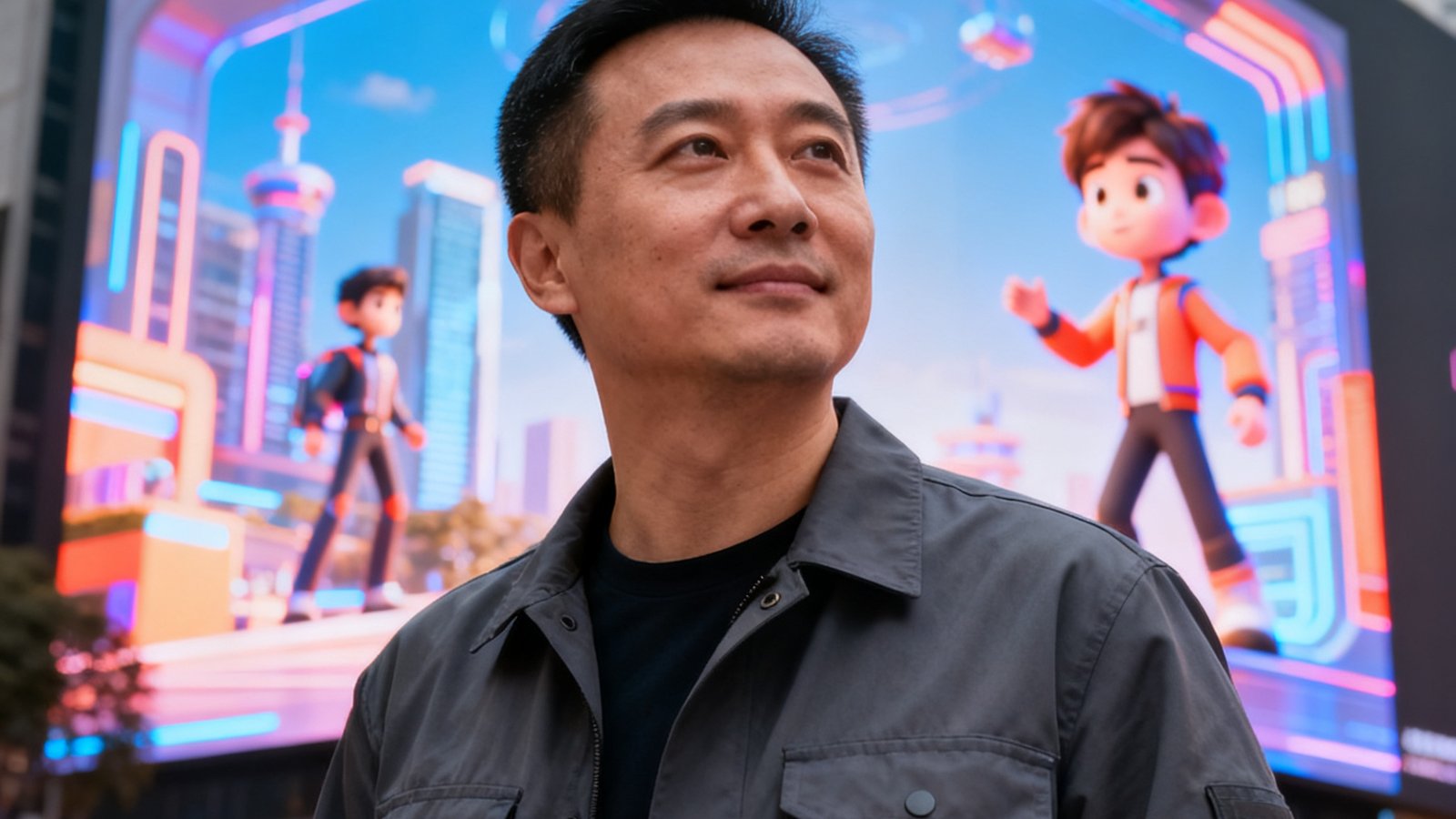 OG视讯创始人兼CEO李明辉站在成都春熙路裸眼3D大屏前的半身照，他穿着深灰色工装夹克，背景是正在播放3D动画的巨型LED屏幕，神情专注而自信